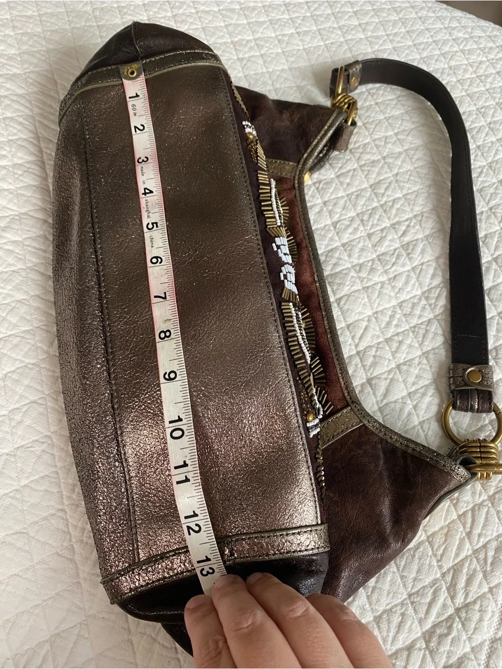 Isabella Fiore VTG Beaded Leather Hobo Shoulder Bag Brown Boho Metallic Art Deco